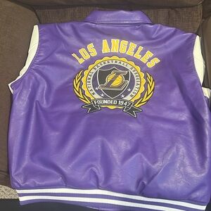 Purple and White NBA Los Angeles Lakers PU Leather Button Down Varsity Jacket